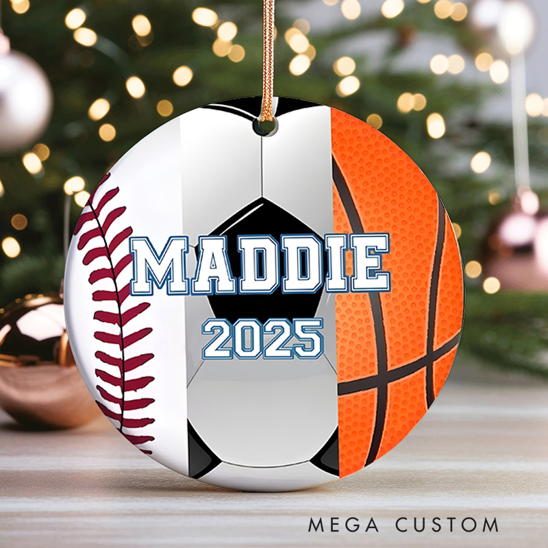 Personalized Baseball,Soccer and Basketball Design Ceramic Christmas Ornament with Custom Name and Year  