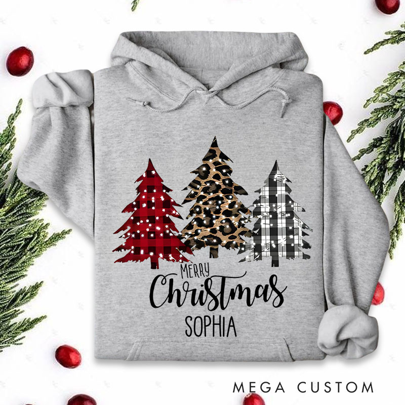 Personalized Red Plaid and Animal Print Christmas Trees Christmas Hoodies