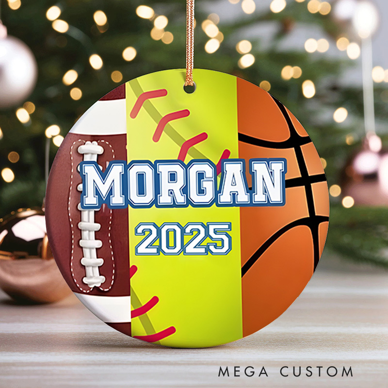Personalized American Football,Softball and Basketball Design Ceramic Christmas Ornament with Custom Name and Year  