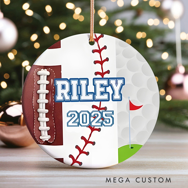 Personalized American Football,Baseball and Golf Design Ceramic Christmas Ornament with Custom Name and Year  