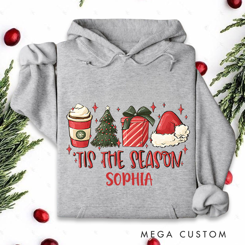 Personalized Tis the Season with Coffee and Holiday Gifts Christmas Hoodies