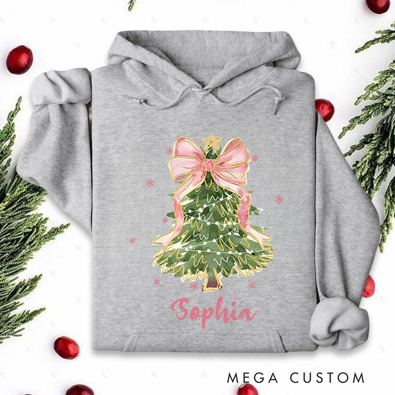Personalized Christmas Tree with Pink Bow and Lights Christmas Hoodies
