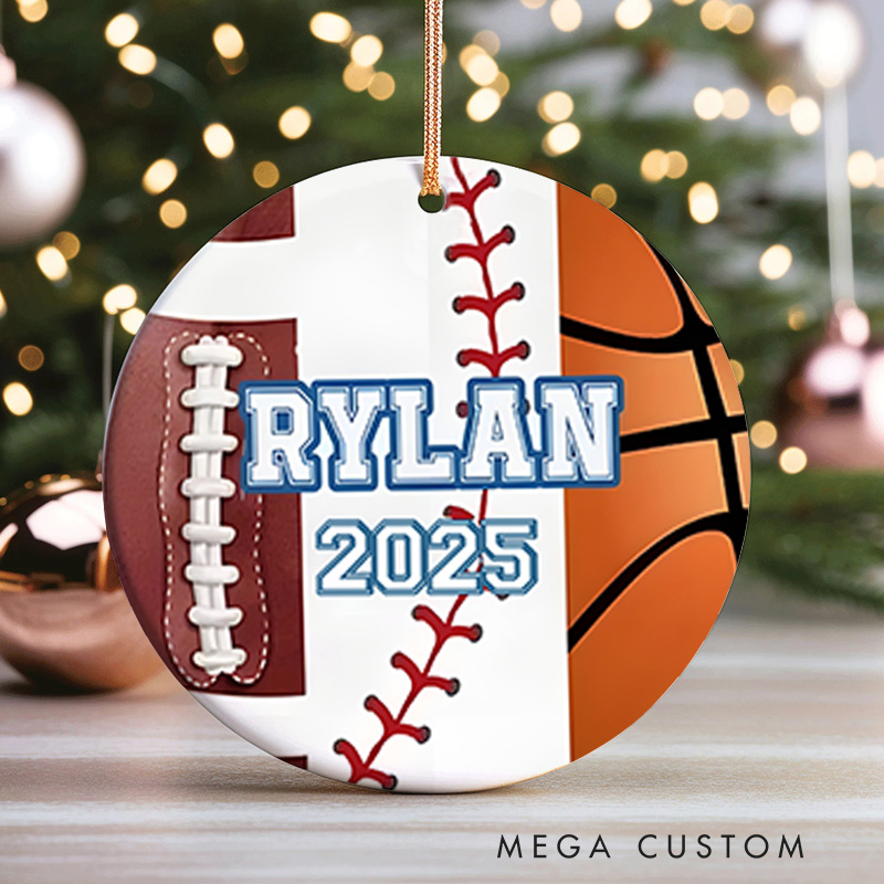 Personalized American,Basketball and Baseball Design Ceramic Christmas Ornament with Custom Name and Year  