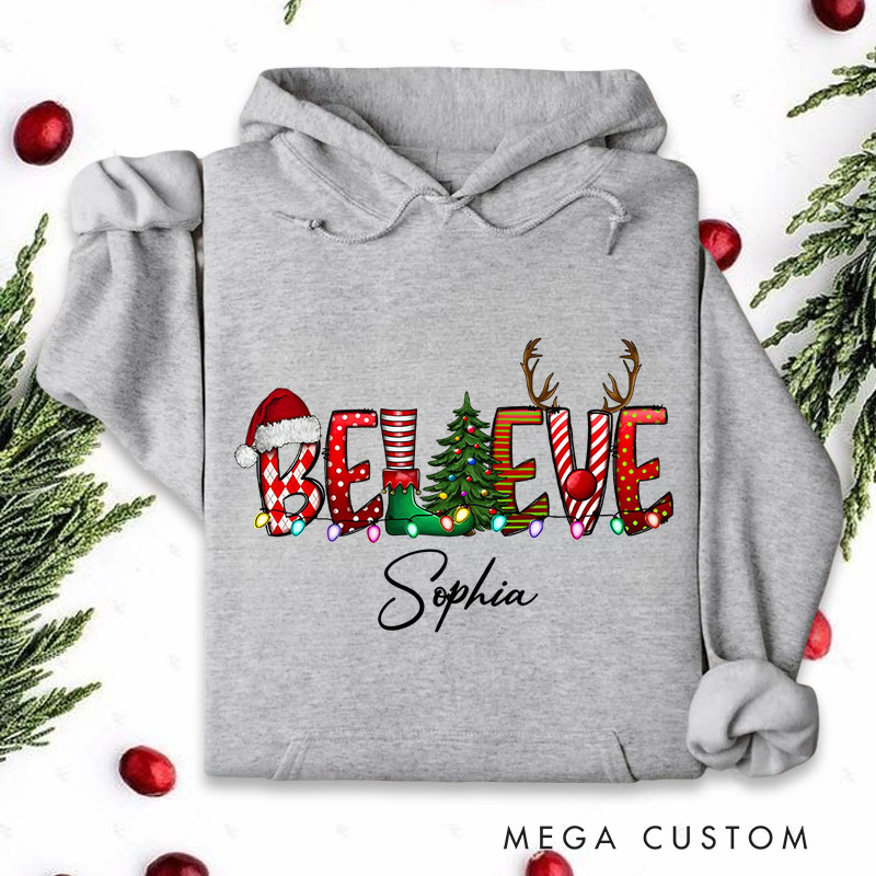 Personalized Believe with Holiday Icons and Reindeer Antlers Christmas Hoodies
