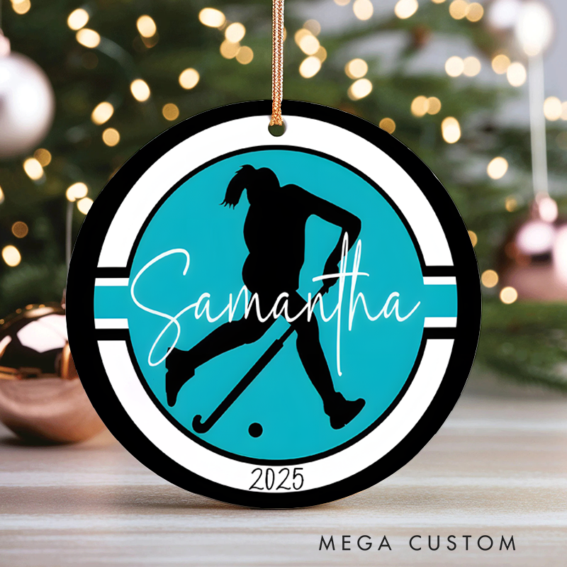 Personalized Field Hockey Christmas Ornament with Custom Name and Year Design