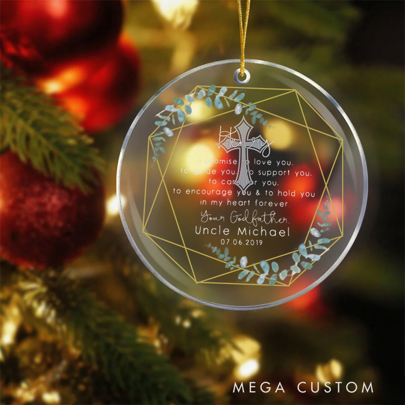 Personalized Geometric Frame Cross Acrylic Ornament with Name and Date Religious Gift Baptism Gift for Boys