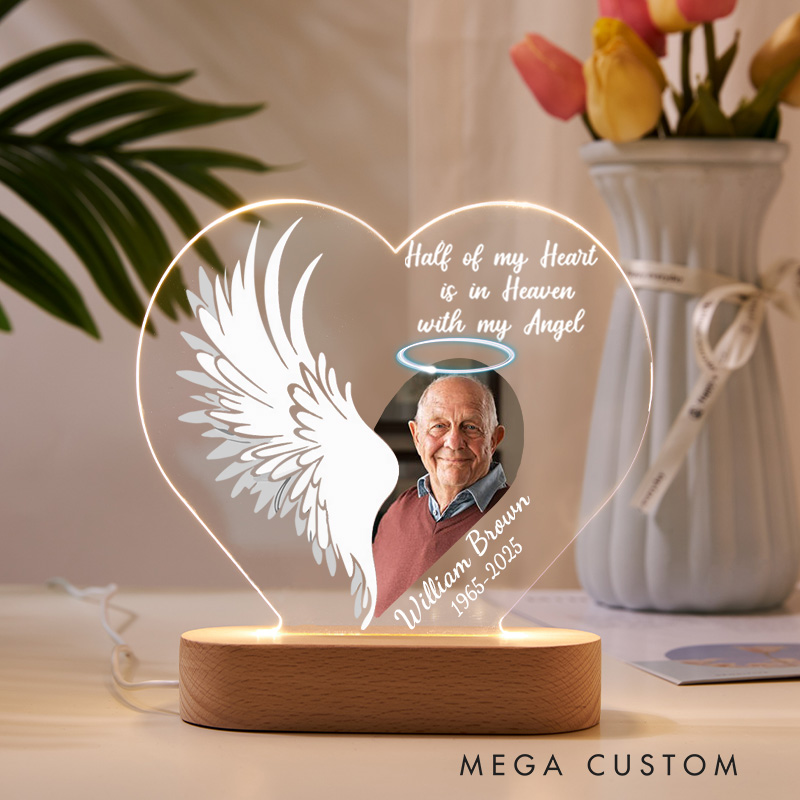 Personalized Heart Shaped LED Memorial Light Custom Photo Name Year Angel Wing Halo Half Of My Heart Keepsake