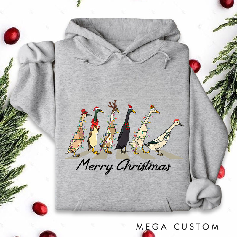 Personalized Geese Walking with Christmas Lights and Hats Christmas Hoodies