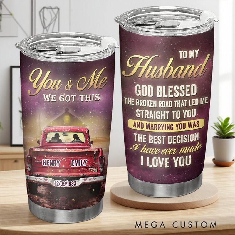 Personalized to My Wife Husband God Blessed the Broken Road 20oz Stainless Steel Tumbler with Name Date Gift for Couple Husband Wife Anniversary Gift