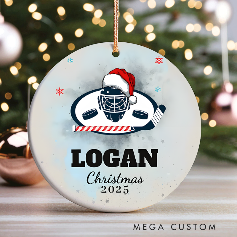 Personalized Hockey Christmas Ornament with Custom Name and Year Design