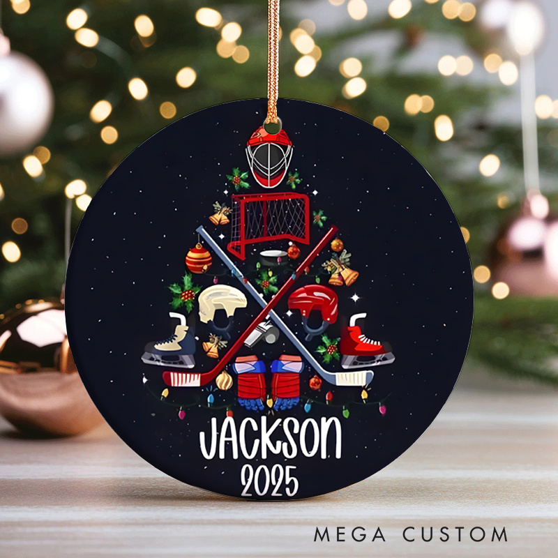 Personalized Hockey Christmas Ornament with Custom Name and Year Featuring Festive Tree Design
