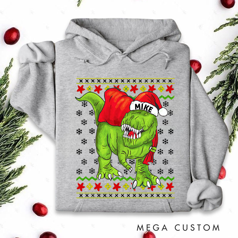 Personalized T Rex Santa Claus Ugly Christmas Sweater Hoodies