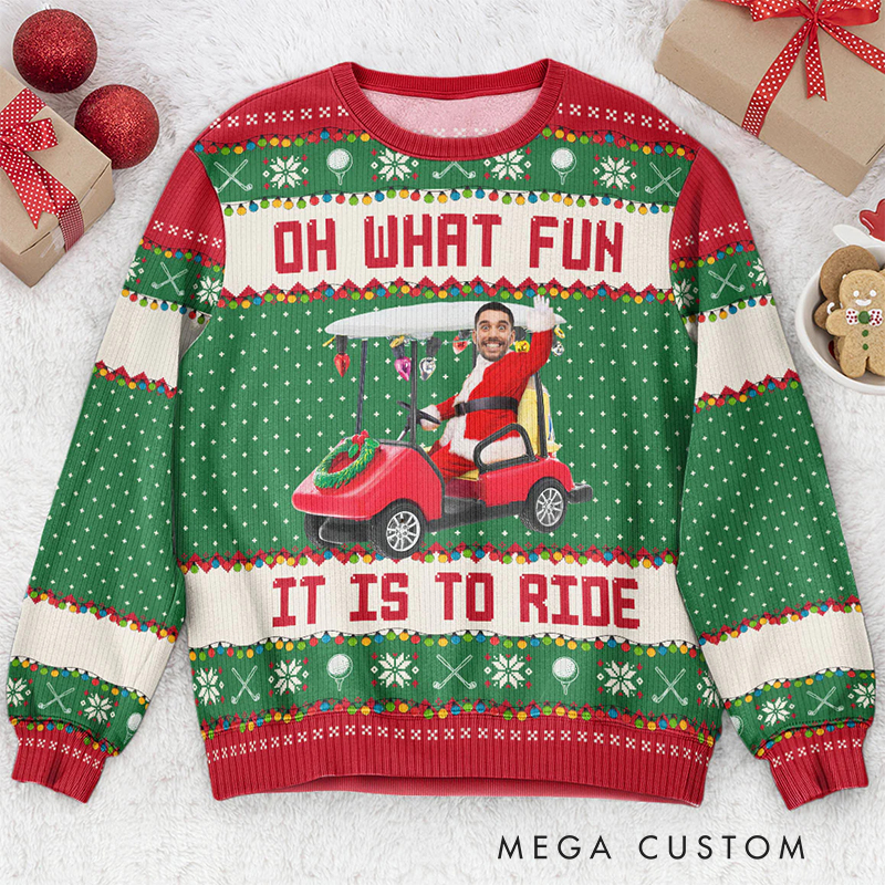 Personalized Christmas Ugly Sweater with Custom Face and Golf Cart Design 