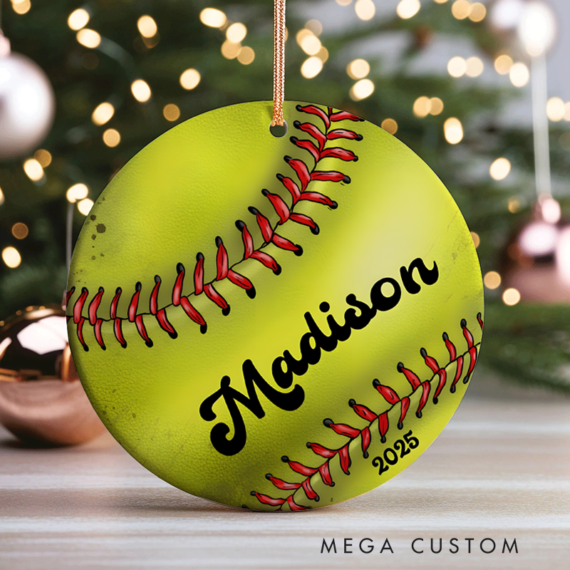 Personalized Softball Christmas Ornament with Custom Name and Year Design