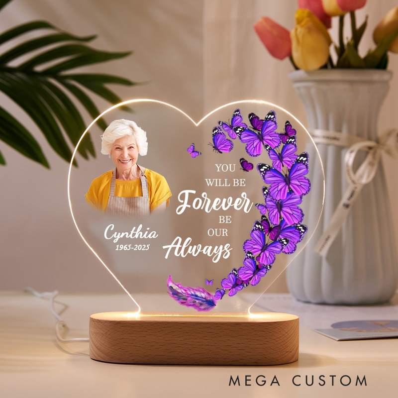 Personalized Heart Shaped LED Memorial Light Custom Photo Name Year Purple Butterflies Feather Memorial Keepsake