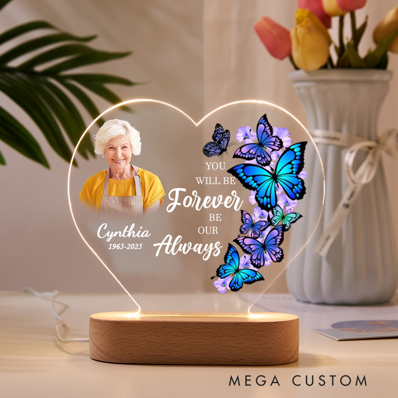 Personalized Heart Shaped LED Memorial Light Custom Photo Name Year Colorful Butterflies You Will Be Forever Our Always Keepsake