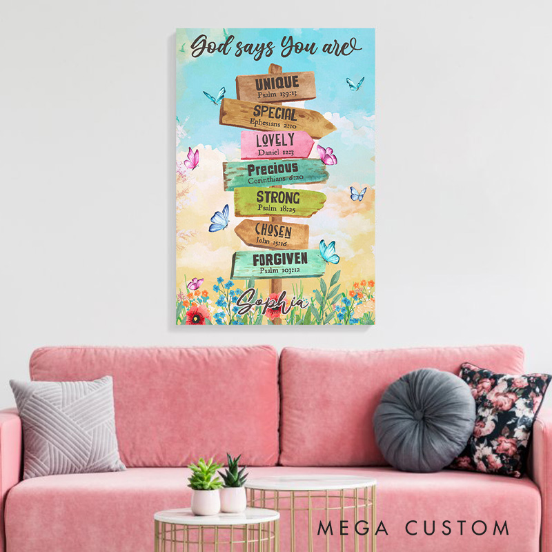 Personalized God Says You Are Location Sign Frameless Canvas Painting with Name Wall Decor Religious Gift Christian Gift