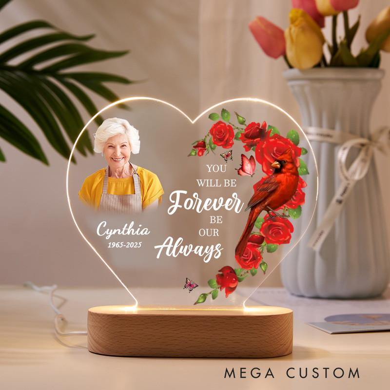 Personalized Heart Shaped LED Memorial Light Custom Photo Name Year Cardinal Roses You Will Be Forever Our Always Keepsake