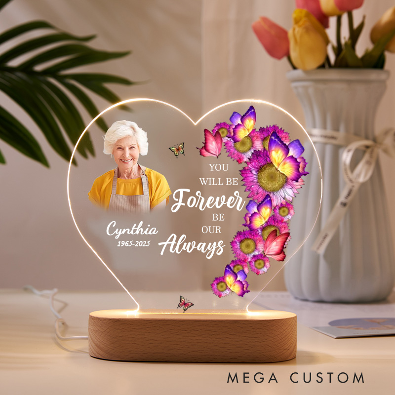 Personalized Heart Shaped LED Memorial Light Floral Butterflies Design Custom Photo Name Year Keepsake