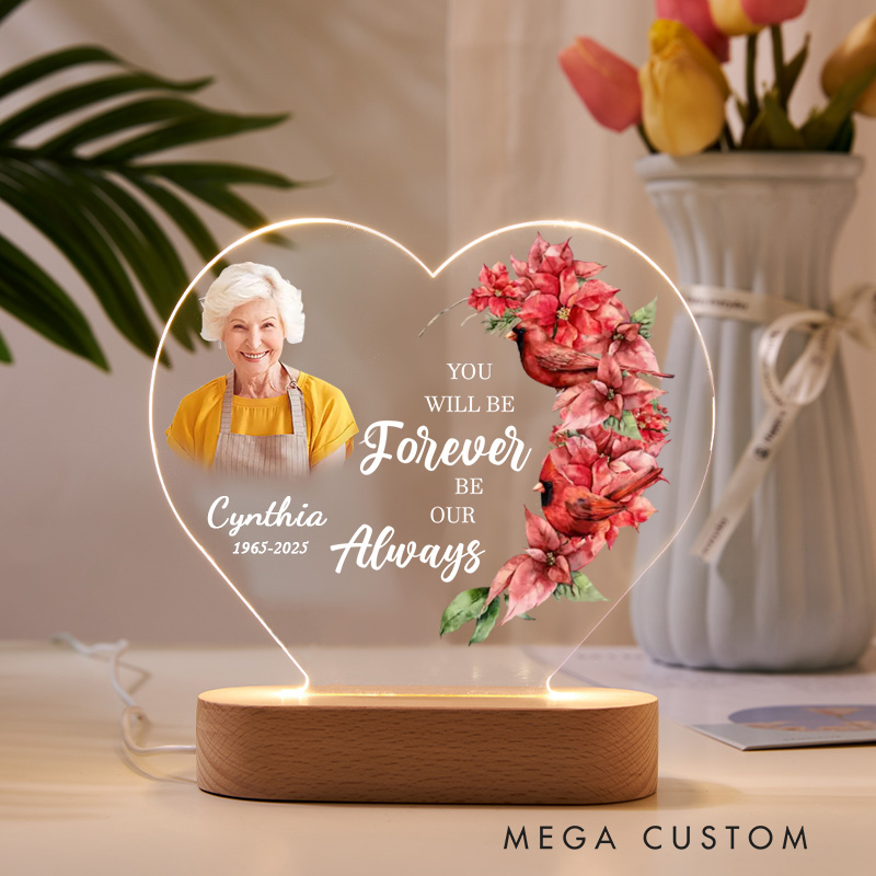 Personalized Heart Shaped LED Memorial Light Custom Photo Name Year Cardinal Poinsettia You Will Be Forever Our Always Keepsake