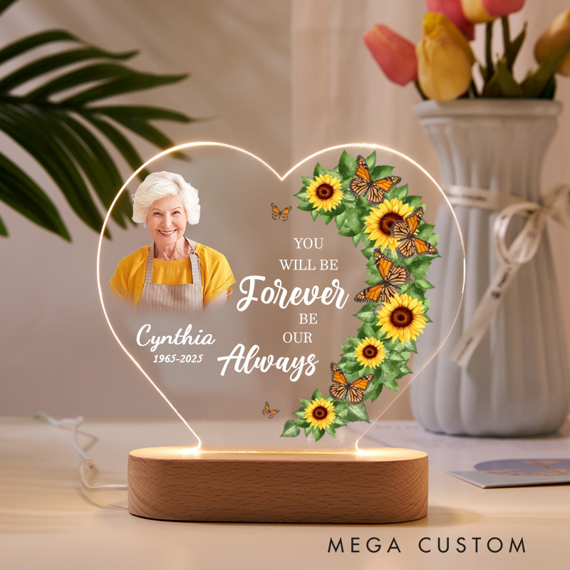 Personalized Heart Shaped LED Memorial Light Sunflowers Butterflies Design Custom Photo Name Year Keepsake