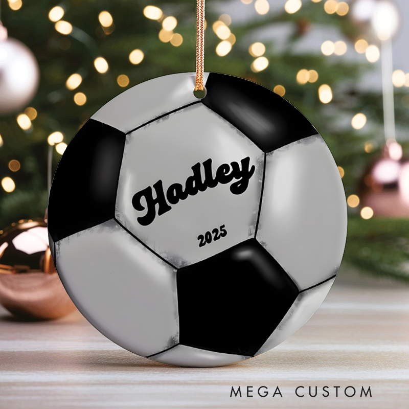 Personalized Soccer Christmas Ornament with Custom Name and Year Design