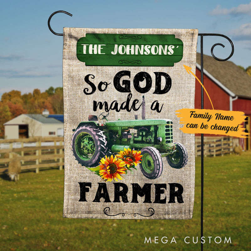 Personalized Farm God Blessing Green Tractor Garden Flag with Family Name Yard Porch Decor Religious Gift for Family Christian