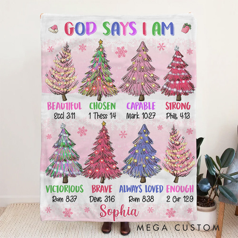 Personalized God Says I am Bible Verse Christmas Tree Blanket with Name Home Decor Inspiration Gift Christian Gift for Christmas