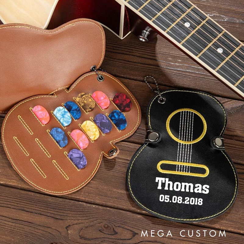 Personalized Guitar Pick Holder Custom Name & Initial PU Leather Case Keychain Gift for Guitar Players