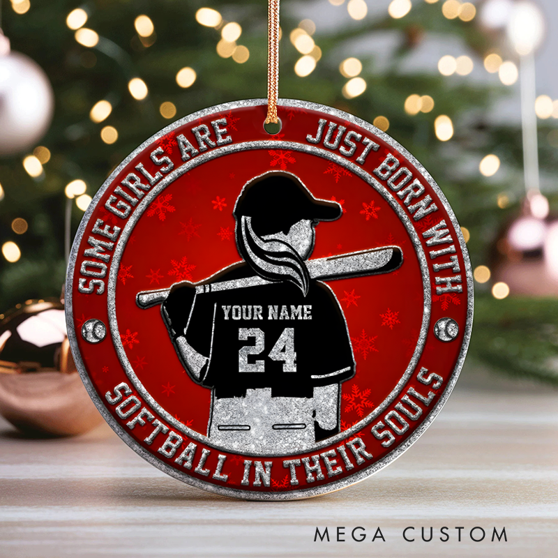 Personalized Softball Christmas Ornament with Custom Name, Number, and Inspirational Quote Design