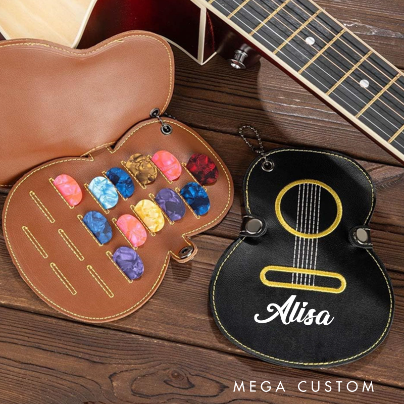 Personalized Guitar Pick Holder Custom Name & Initial PU Leather Case Keychain Gift for Guitar Players