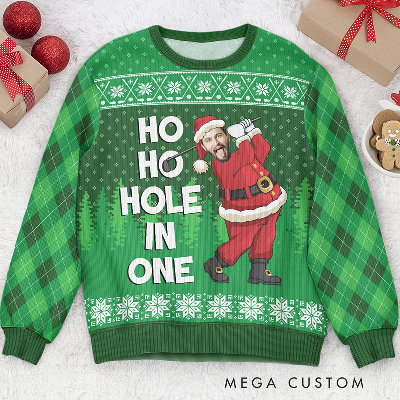 Personalized "Ho Ho Hole In One" Golf Ugly Sweater Custom Photo 