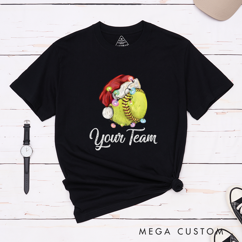 Personalized Softball Christmas T-Shirt with Festive Design and Custom Team Name