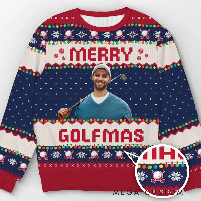 Personalized "Merry Golfmas" Ugly Christmas Sweater with Custom Face