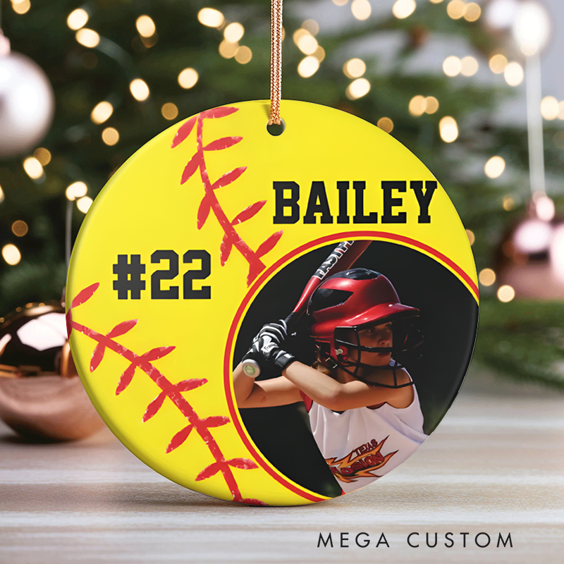Personalized Softball Ornament with Custom Name, Number, and Photo