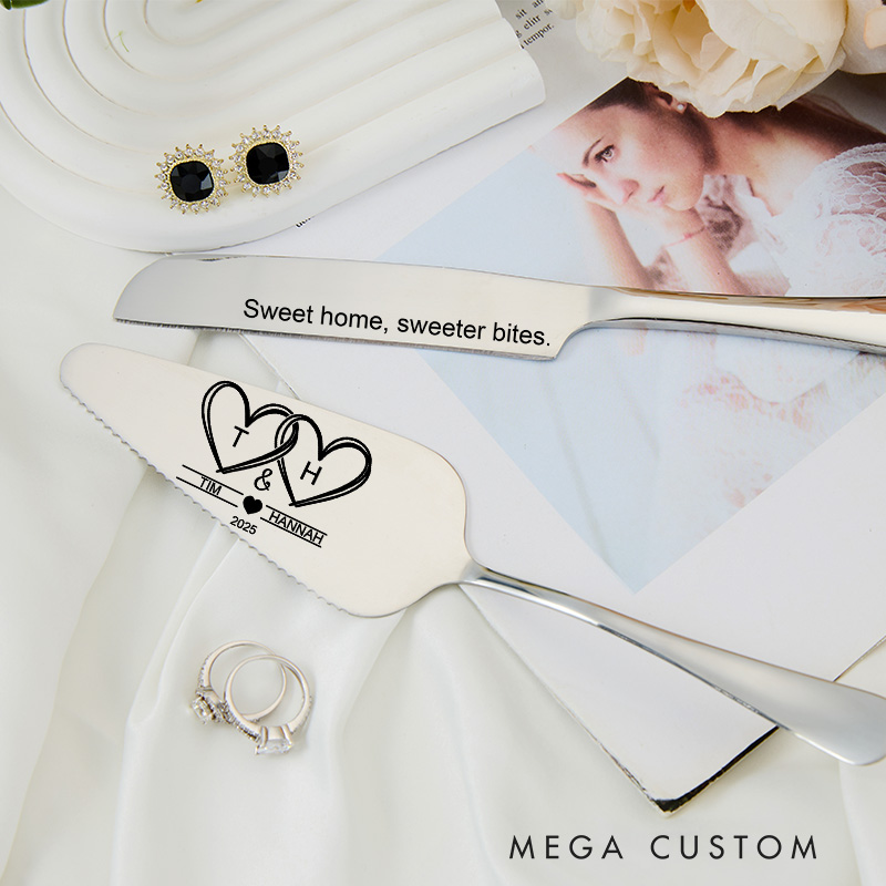 Personalized Cake Knife and Server Set Sweet Home Sweeter Bites Custom Housewarming Gift New Home Dining Accessories Heart Design for Couples