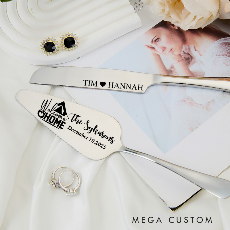 Personalized Cake Knife and Server Set Welcome Home Design Custom Housewarming Gift New Home Dining Accessories with Heart and Housewarming Theme