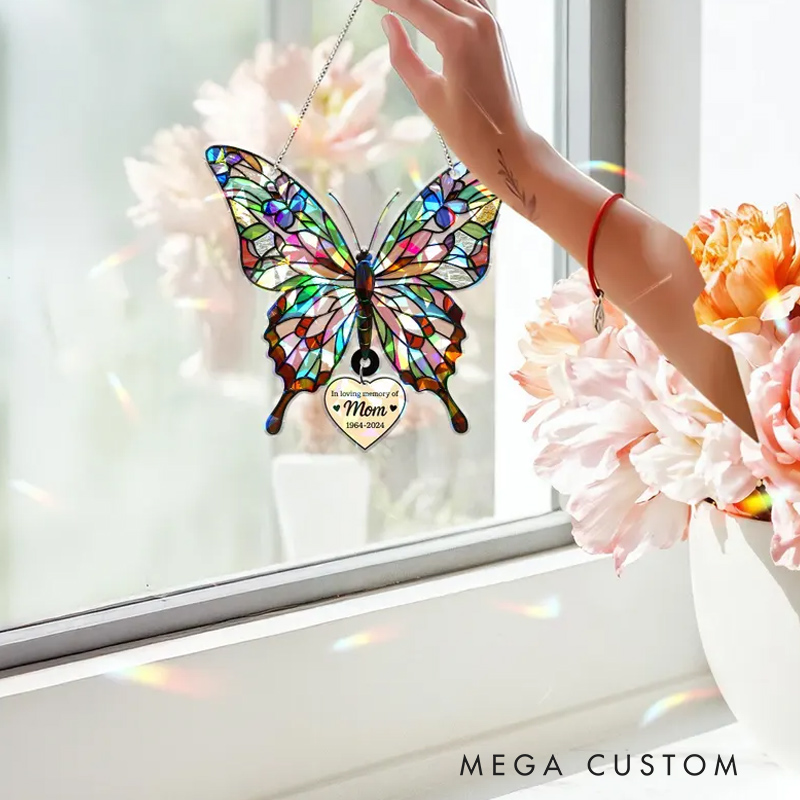 Personalized Butterfly Holographic Acrylic Suncatcher with Hanging Heart Memorial Gift for Loss of Mother in Loving Memory Window Decor