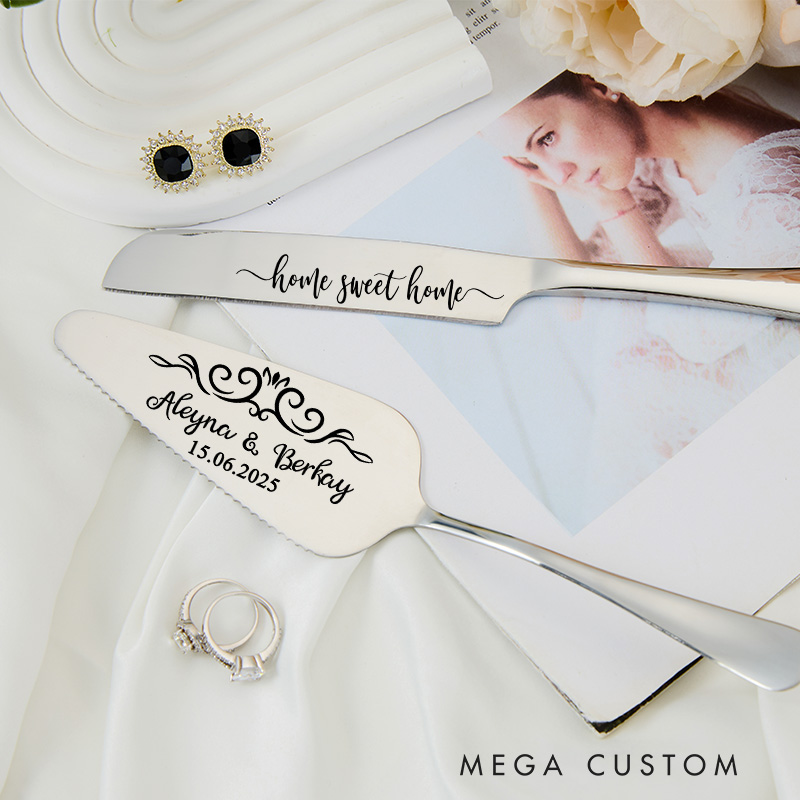Personalized Cake Knife and Server Set Home Sweet Home Design Custom Housewarming Gift New Home Dining Accessories Elegant Engraved Decorative Theme