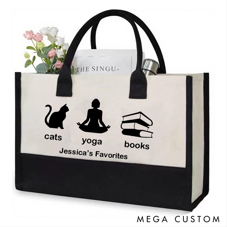 Personalized Yoga Tote Bag with Cats Yoga Books Design Custom Name Perfect for Yoga Lover and Daily Use