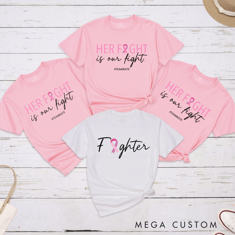 Personalized Her Fight Is Our Fight T-shirt featuring pink and gray ribbon design to support breast cancer warriors and survivors.