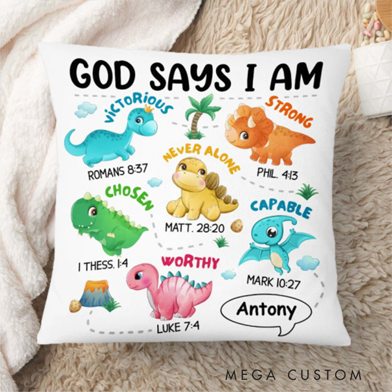 Personalized Dinosaur God Says I am Bible Verse Throw Pillow Cover with Name Home Decor Affirmation Gift Christian Gift for Kids