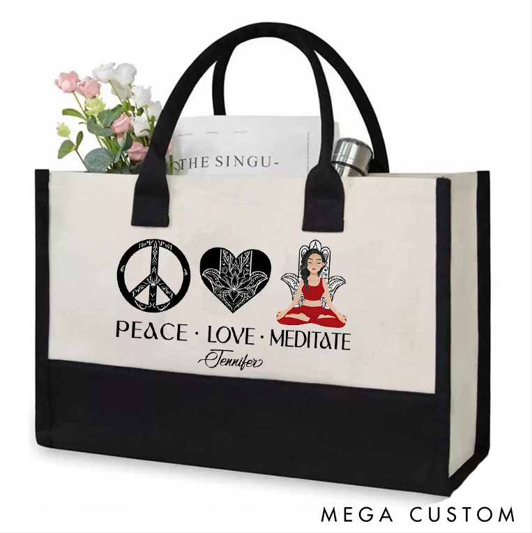 Personalized Yoga Tote Bag with Peace Love Meditate Design Meditation Bag Canvas Tote Bag Perfect for Yoga Lover