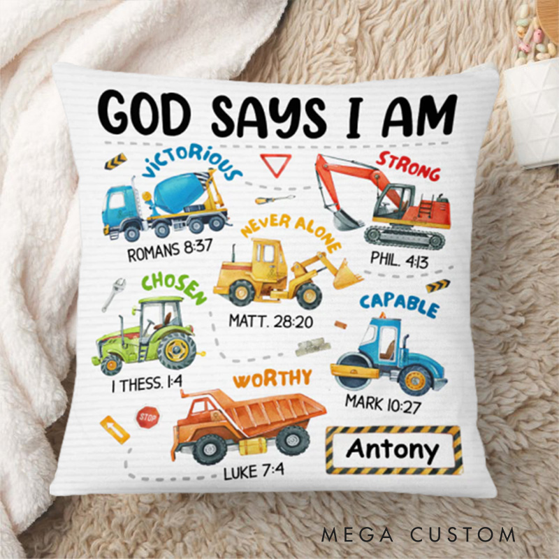 Personalized Construction Machines God Says I am Bible Verse Throw Pillow Cover with Name Home Decor Affirmation Gift Christian Gift for Kids