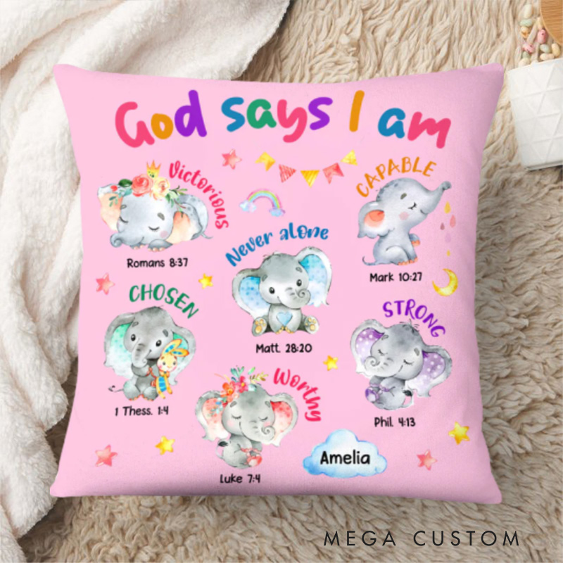 Personalized Elephant God Says I am Bible Verse Throw Pillow Cover with Name Home Decor Affirmation Gift Christian Gift for Kids
