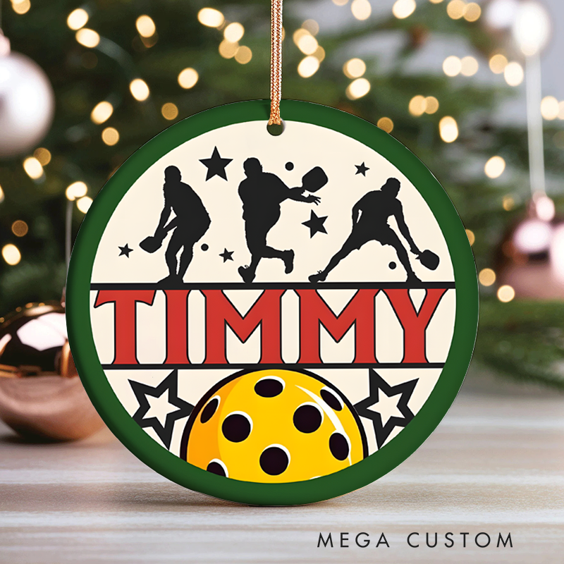Personalized Pickleball Ornament with Player Silhouettes and Custom Name