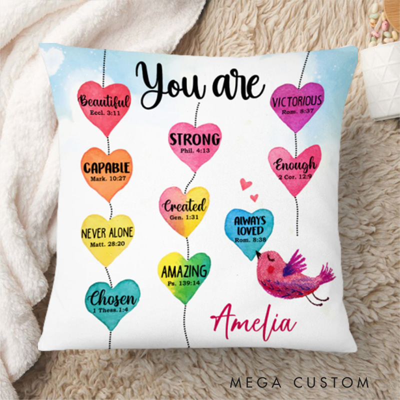 Personalized Heart You are Bible Verse Throw Pillow Cover with Name Home Decor Affirmation Gift Christian Gift for Kids