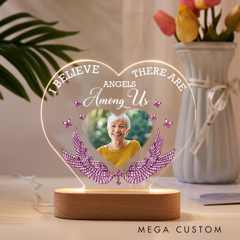 Personalized Heart Shaped LED Memorial Light With Pink Crystal Wings Cross Butterflies Custom Photo I Believe There Are Angels Among Us Keepsake