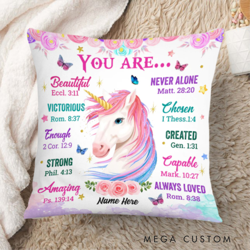 Personalized Unicorn You are Bible Verse Throw Pillow Cover with Name Home Decor Affirmation Gift Christian Gift
