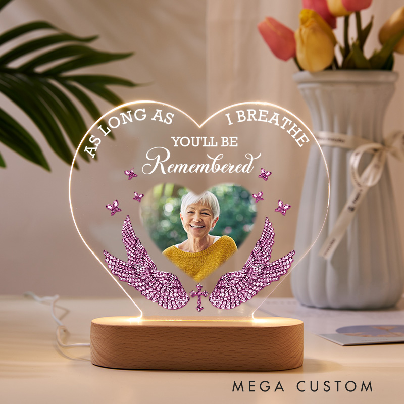 Personalized Heart Shaped LED Memorial Light Pink Wings Cross Butterflies Custom Photo Remembered Keepsake